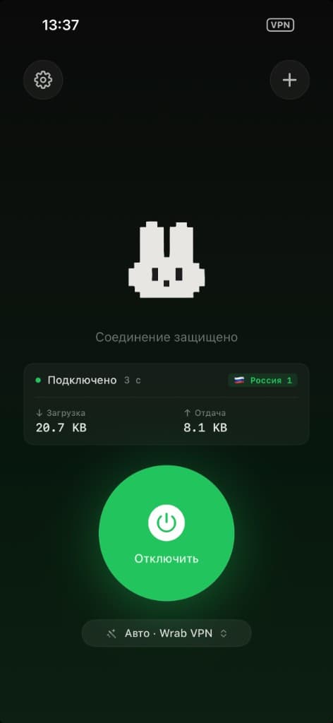 Wrab for iPhone — connection secured, active session