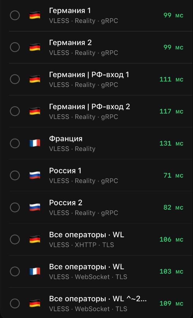 List of available servers with latency